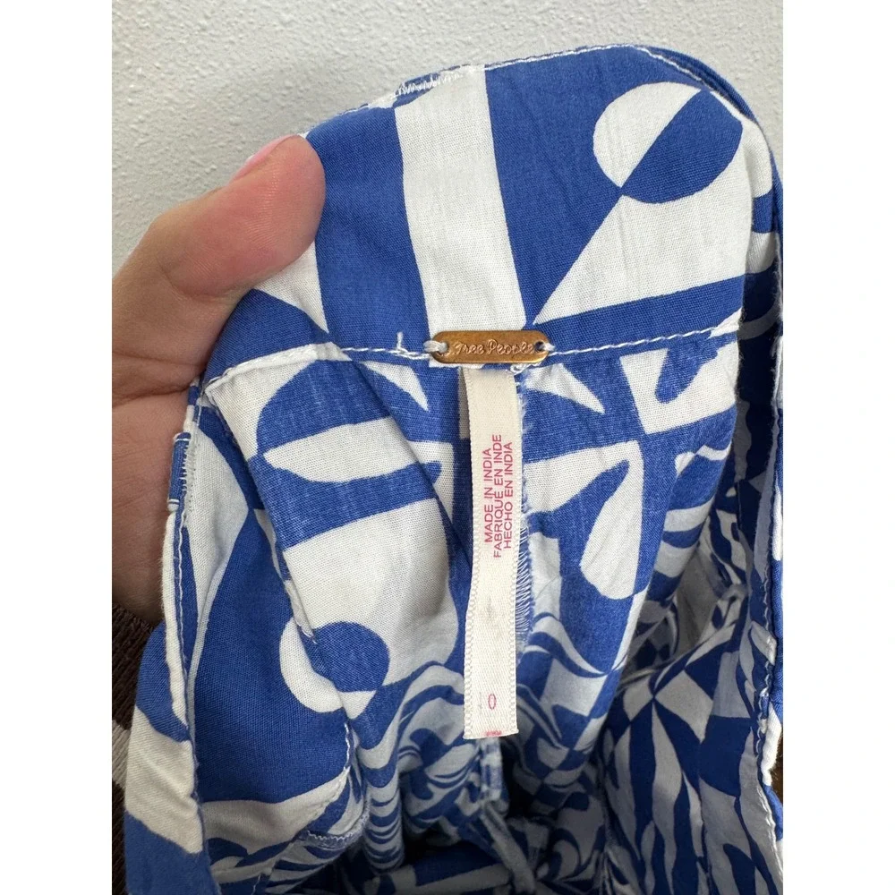Free People‎ Blue White Geometric Tile Print Wide Leg Pants Women Size 0 Cotton